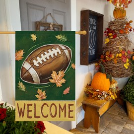 Heyfibro Fall Football Welcome Garden Flag 28 x 40 Inch Vertical Double Sided Burlap, Autumn Leaves Yard Flags for Yard Thanksgiving Holiday Outside Outdoor Seasonal Decoration(ONLY FLAG)