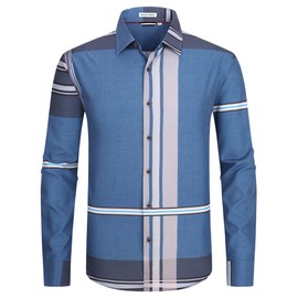 Alex Vando Mens Print Plaid Button Down Shirts Wrinkle Free 4-Way Stretch Smart Casual Shirt,Royal/Black,L