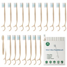 NUDUKO Travel Toothbrush Dental Floss Picks - 4 in 1 Biodegradable Disposable Toothbrushes with Tongue Scraper, Eco-Friendly Individually Wrapped Toothbrush for Adult Kids Travel Oral Care, 20 Pack