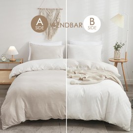 Freyamy Reversible Bed Linen 135 x 200 cm 2-Piece White Beige Plain Reversible Bed Linen Washed Microfibre Soft Bedding Sets Elegant Duvet Cover with Zip and Pillowcase 80 x 80 cm