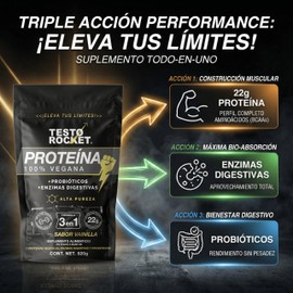 Proteina Testo Rocket Performance Vainilla Triple Acción | Rendimiento, Máxima Absorción, Sin Pesadez | 7 Fuentes Vegetales + Probioticos + Enzimas | Perfil Completo Aminoacidos BCAAs | Entreno Polvo