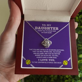 Daughter Necklaces from Mom or Dad, To My Daughter Necklace, Necklace for Softball Player, Daughter Necklace, Daughter Pendant Gifts from Father Mother, Daughter Gifts Ideas, Softball Gift for Women Leonadora (Love Knot, LED Box)