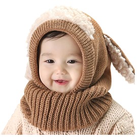 Qersh Baby Winter Hat Scarf Slip-On Hat Warm Cute Bear Winter Hat Scarf Hat Knitted Hat with Bobble Fleece Lining Beanie Hat for 2-7 Years Old Baby, S17