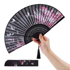 Fatiya Foldable Hand Fan for Women, Silk Fan, Hand Fan with Tassel, Vintage Chinese Fan for Cooling Dancing Decoration Gift Party (Black)