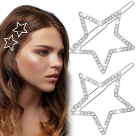 Mxxipp 2pcs Star Hair Pin for Women, Sparkly Rhinestone Crystal Hair Bang Clips, Non-Slip Hollow Hair Barrette Accessories for Long Short Straight Curly Hair- Silver
