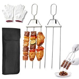 2PCS Skewers for Grilling Set, 14.7" Metal BBQ Skewers for Kabobs, with Storage Bag & Cotton Gloves, Stainless Steel 3 Prong Skewers with Push-off Slider, for Chicken Shrimp Veggie, Outdoor Grill Tool