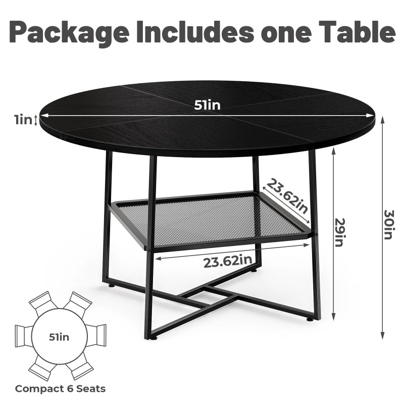 Ustovian 51IN Round Dining Table Black Wooden Chair Metal Frame