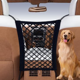 Dog Car Barrier Net Car Mesh Organizer, 4-Sides Elastic Seat Back Net Bag, Barrier of Back Seat Pet Kids, Cargo Tissue Purse Holder, Driver Storage Netting Pouch for Cars SUVs Vans Traveling