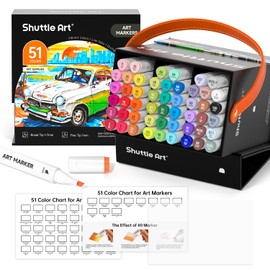 Shuttle Art 51 Colors Alcohol Markers, 50 Colors Dual Tip Art Marker Set Plus 1 Colorless Blender with Marker Case Perfect for Illustration Students Adult Coloring Sketching