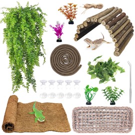 kathson Bearded Dragon Tank Accessories Kit, Reptile Hide Wooden Bridge Coconut Fiber Mat Hammock Jungle Climber Vines Leaves Tweezer and Plant Reptile Habitat Decor for Chameleon Lizards Gecko Snakes