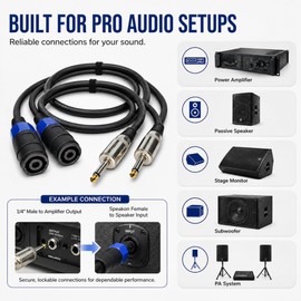 KOOKFJLLZ Speakon to 1/4 Inch Speaker Cable 3.3FT 2 Pack - 12AWG OFC Silicone Twist Lock DJ PA Stage Monitor Power Amp Subwoofer Guitar Amp Audio Wire - Male to Female - Short Speakon Cable
