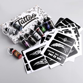 STIGMA Temporary Tattoo Kit 10 Bottles Color Inks, 84 Pcs Stencils Kit for Body Paint DIY Tattoos Temp, DIY Fake Tattoo for Women Kids (Black*2, Cyan, Red, Green, Blue, Purple, Brown*2, Orange)