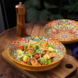 Pasta Bowls, Ceramic Salad Bowls Set of 6, 32 oz Large Corlorful Serving Bowls for Kitchen, Dishwasher & Microwave Safe Soup Bowls, Porcelain Prep Pasta Plates, Boho Wide and Shallow Bowls,MLKS