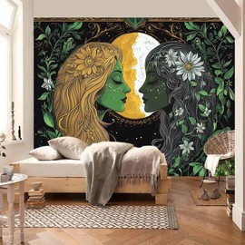FENDROM Psychedelic Hippie Sun and Moon Tapestry for Bedroom Aesthetic, Fantasy Plants Trippy Mystic Floral Face Vintage Decor Tapestries Wall Hanging Backdrop for Living Room Dorm