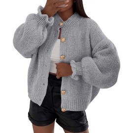 PRETTYGARDEN Womens Cropped Cardigans Trendy 2025 Ruffle Open Front Chunky Knit Sweater Oversized Button Down Fall Clothes (Grey,Large)