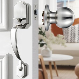 Elemake Front Door Handle No Lock, Exterior Door Handle Set with Knob, Interior Entry Handleset with Reversible Lever, Brushed Nickel Finish (Upgraded Large Size Adjustable)