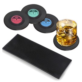 Funny Retro Vinyl Record Coasters with Versatile Bar Mat for Coffee Bar Mat, Drinks, Bars, Party, Birthday Gifts for Music Lovers, Home Decor （5 pcs）