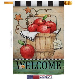 Breeze Decor Fruits Apple Basket House Flag Dowel Set Food Pineapple Strawberry Watermelon Tropical Aloha Summer Small Decorative Gift Yard Banner Made in USA 28 X 40