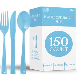 150 Pack Plastic Silverware Heavy Duty, Blue Disposable Cutlery, 50 Spoons, 50 Forks, 50 Knives, Plastic Utensils Set for Home Office School Party Picnics Weddings & More - SparkSettings