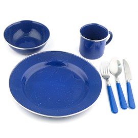 Stansport Enamel Camping Tableware Set, 24-Piece, Blue