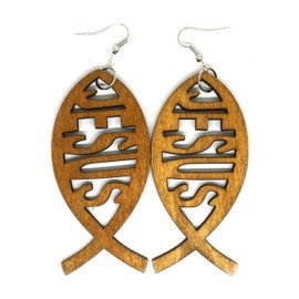 Teri's Boutique Ichthus Christian Easter Wood Vertical Jesus Fish Women Dangle Fashion Earrings (Brown)