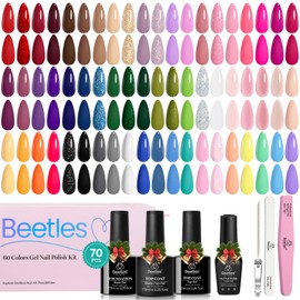 Beetles Winter Gel Nail Polish Set, 70 PCS 60 Colors Red Green Pink Brown Blue Nude Glitter Gel Nail Polish Kit with Base Top Coat for Beginners UV LED Needed DIY Salon Christmas Gifts for Women