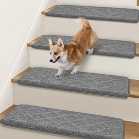 Bullnose Stair Treads Non Slip 9.5" x 32", 7 Pcs Carpet Stair Treads for Wooden Steps Indoor with Edge Protection, Reusable Peel and Stick TPU Backing Stair Runner Rugs - Diamond Pattern Grey