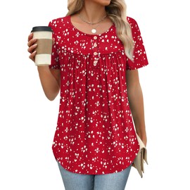 WIHOLL Babydoll Tops for Women Summer Vacation Outfits Button Down Shirts Short Sleeve Loose Fit T-shirts Dots Red 2XL