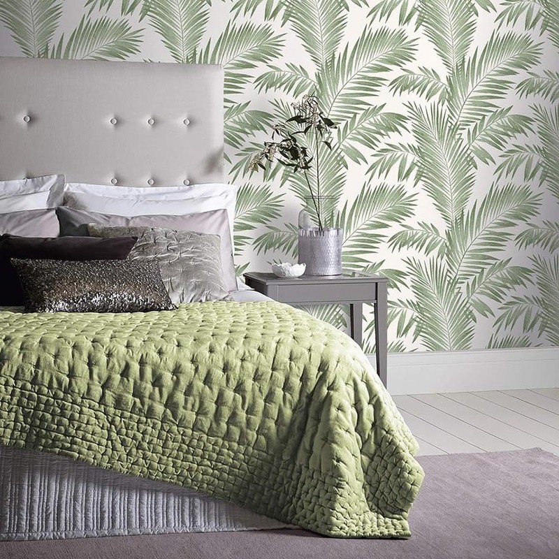 Tropical Palm Tree White Green Wallpaper - Leaves Botanical Naturistic