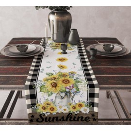 Rustic Sunflower Table Runner, Vintage Rural Farmhouse Art Boho Watercolor Flower Plank Black White Plaid Pattern Decoration for Party Living Room Kitchen Dining Coffee Table 13x36in x1 Panel