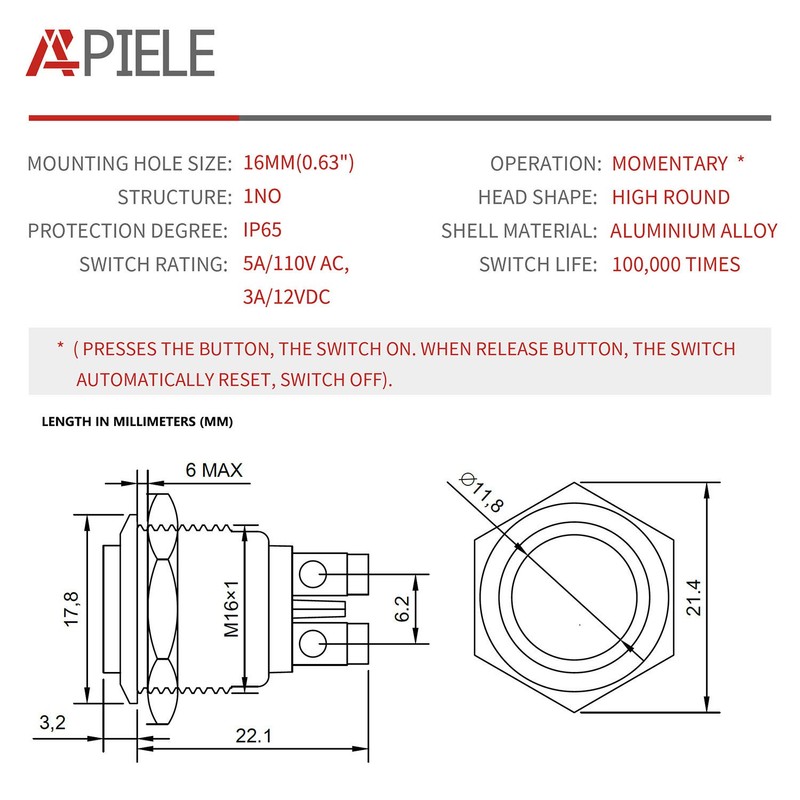 APIELE 16mm Momentary Push Button Switch High Round Cap Waterproof