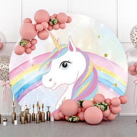 Renaiss 6.5x6.5ft Unicorn Round Backdrop Covers for Photoshoot Kids Girl Portrait Golden Stars Rainbow Circle Photography Background Baby Shower Newborn Welcome Birthday Party Decors Photo Booth Props