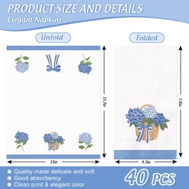 AnyDesign 40 Pcs Hydrangea Flower Guest Napkins Blue Floral Bow Paper Napkins Summer Spring Disposable Bathroom Hand Towels for Wedding Baby Shower Party Dinner Table Supplies