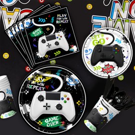 Video Game Party Supplies,140pcs Gaming Party Decorations & Tableware Set - Gamer Party Plates Cups Napkins Tablecloth & Gaming Balloons Banner etc Gaming Birthday Supplies for Boys, Serves 16 (Black)