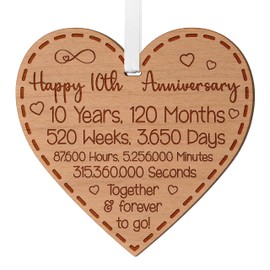 Happy 10th Anniversary Gift for Couples 10th Wedding Anniversary Gifts for Him Her Wedding Present for Husband 10 Years Celebration Keepsake Wooden Heart Plaque for Wife Spouse Partner