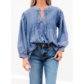 Dear-Lover Local Us Stock No Import Charges Wholesale New Arrivals Women Front Pintuck Bow Tie Puff Sleeve Denim TopsColor: LC7821301-P1204, Size: S