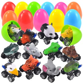 JOYIN Pack of 12 Pre-Filled Easter Eggs with Animals Pull Back Car Toy for Children Boys Gifts, Easter Nest Easter Basket Fillers Party Bags