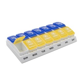 Ezy Dose - Organizador semanal de píldoras AM/PM (7 días), caja de vitaminas y medicamentos, grandes compartimentos emergentes, diseñado para viajes, 2 veces al día, tapas azules y amarillas