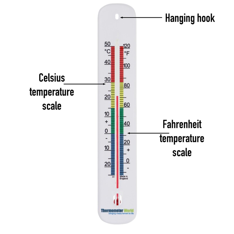 Wall Thermometer 215mm - Colour Coded Room Thermometer - Made