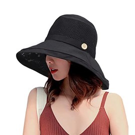 Women Mesh Sun Hats Summer Beach UV Protection UPF Packable Wide Brim Chin Strap Black