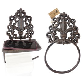 LuLu Decor, Set of Cast Iron Fleur De Lis Toilet Tissue Holder & Towel Holder, Designed with Flat Surface That can Comfortably Hold Important belongings Like Cell Phone, Wallets, Keys etc(Set)