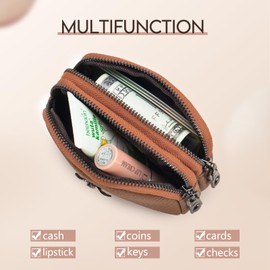 imeetu Women Leather Coin Purse, Small 2 Zippered Change Pouch Wallet(Light Brown)