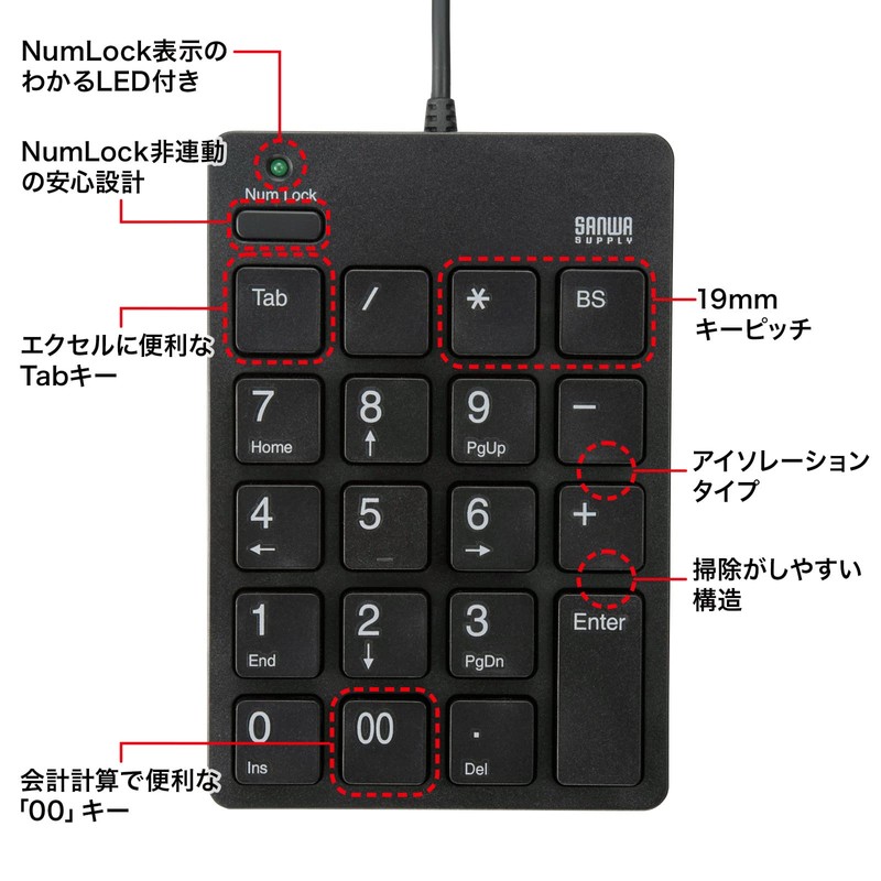 Sanwa Supply NT-18CUHBK USB Numeric Keypad (with Type-C Connector, USB