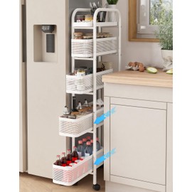 UMDONX Slim Storage Cart 5 Tier with Pull Out Basket Bathroom Organizer Rolling cart, Rolling Utility Cart Slide Out Organizer for Kitchen, Bathroom, Laundry White