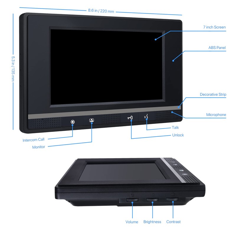 Wired Video Intercom System, 7 Inch Monitor and Aluminum Alloy