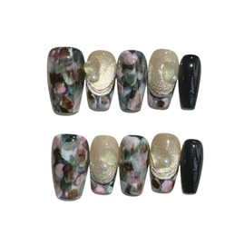 Short Coffin Press on Nails Handmade False Nails with Designs, 3D Hand-painted Reusable Fake Nails Stick on Nail (Floral Oil Painting, L)