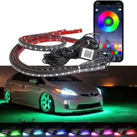MOTOR POWER 12V RGB LED Underlight, 47.2 inches (120 cm) / 59.1 inches (150 cm), Set of 4, Smartphone App Operation, Neon Tape Light, Illumination, Sound Sensor, Variety, Switching, Red Line/Black