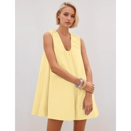 Lenader Women's Sleeveless Babydoll Tank Mini Dress Scoop Neck Ruched Bubble Dress with Pockets Short Summer Going Out Party Dresses Size S Yellow