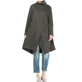 Minibee Women's Long Sleeves Dress Cowl Neck Pullovers Irregular Hem Sweater Dress with Pockets Army Green