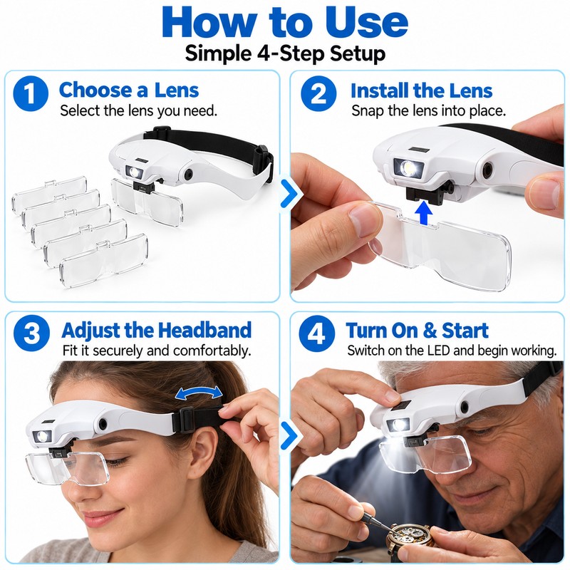 Hand-Free LED Headband Magnifier for Detail Work – 5-Lens Adjustable